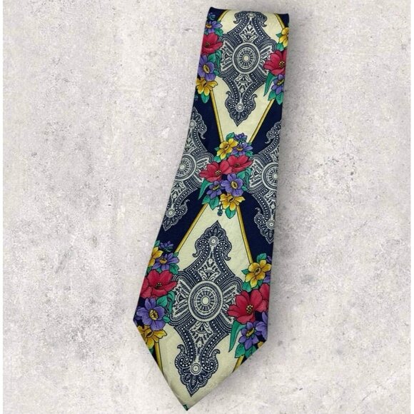 V2 BY VERSACE Silk Tie ITALY Navy Beige Gray Geometric Floral W:3.7" EUC - Picture 1 of 5